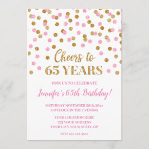 Roze Gouden Glitter Confetti Hoera voor 65 Jaar Kaart