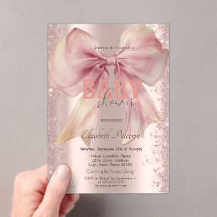Roze Gouden Glitter Confetti Roze Strik Baby Showe Acryl Uitnodigingen