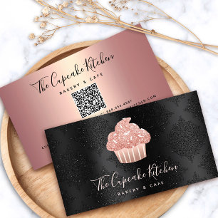Roze Gouden Glitter Cupcake QR Code Bakkerij op Zw Visitekaartje