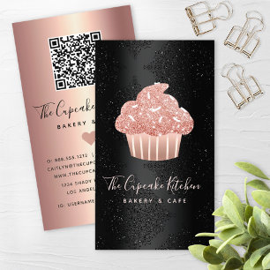 Roze Gouden Glitter Cupcake QR Code Bakkerij op Zw Visitekaartje