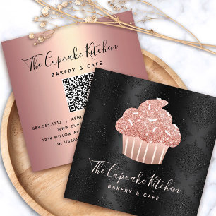 Roze Gouden Glitter Cupcake QR Code op Zwarte Bakk Vierkante Visitekaartje
