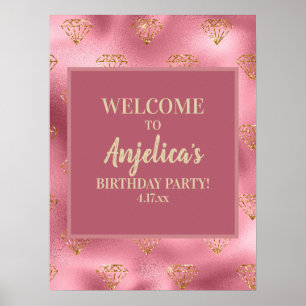 Roze Gouden Glitter Diamanten Meisjes Verjaardagsf Poster