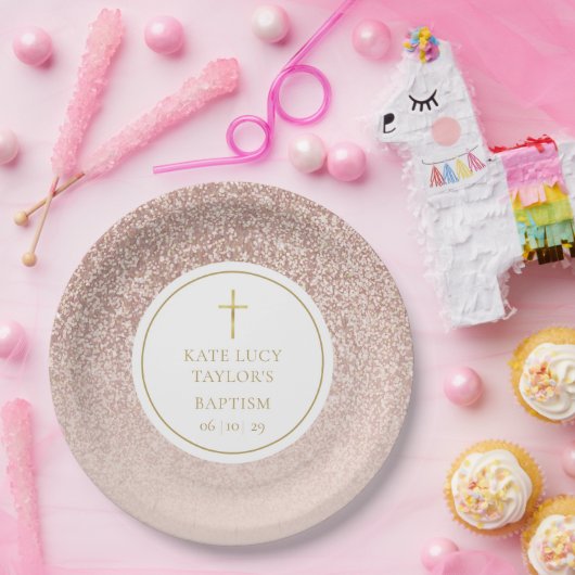 Roze Gouden Glitter Doop | Christening Papieren Bordje (Feest)