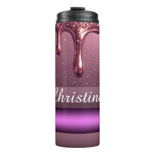 Roze Gouden Glitter Drip Aangepaste naam Thermosbeker
