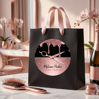 Roze Gouden Glitter Drip Kapsalon & Schaar  Ronde Sticker