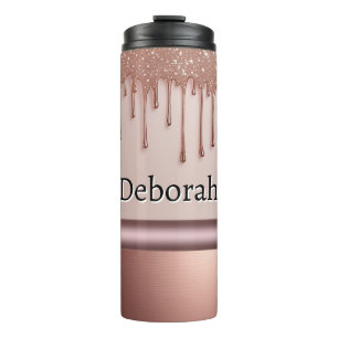 Roze Gouden Glitter Druppel Aangepaste naam Thermosbeker
