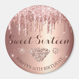 Roze Gouden Glitter Druppel Diamant Sweet Sixteen Magneet