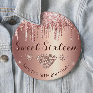 Roze Gouden Glitter Druppel Diamant Sweet Sixteen Ronde Button 6,0 Cm