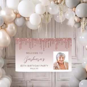 Roze Gouden Glitter Druppel Script Foto 80ste Verj Spandoek