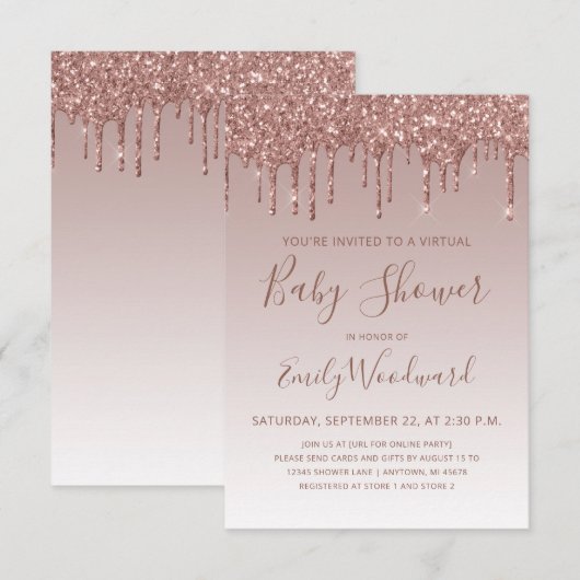 Roze Gouden Glitter Druppel Virtuele Baby Shower Kaart (Voorkant / Achterkant)