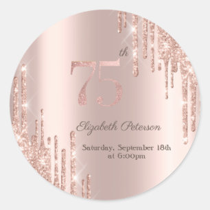 Roze Gouden Glitter Druppels 75ste Verjaardagsfees Ronde Sticker