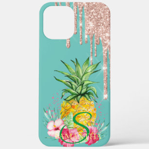 Roze Gouden Glitter Druppels Ananas Hibiscus iPhone 12 Pro Max Hoesje