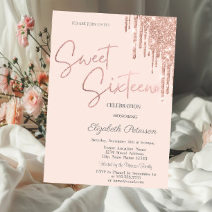 Roze Gouden Glitter Druppels Blush Roze Sweet 16  Kaart