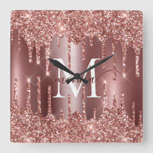 Roze Gouden Glitter Druppels Monogram Gepersonalis Vierkante Klok
