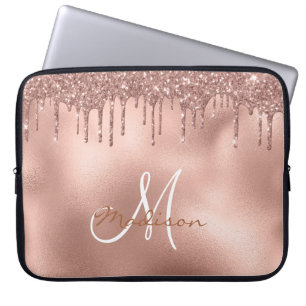 Roze Gouden Glitter Druppels Monogram Laptop Sleeve