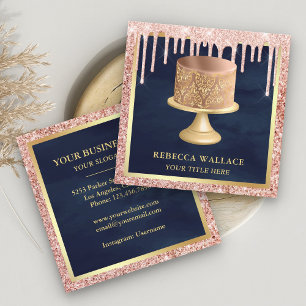 Roze Gouden Glitter Druppels Roze Damast Taart Bak Vierkante Visitekaartje