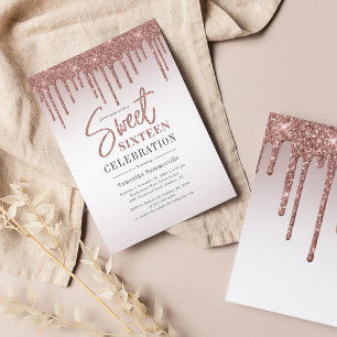 Roze Gouden Glitter Druppels Script Sweet 16 Uitno