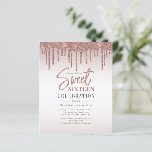 Roze Gouden Glitter Druppels Script Sweet 16 Uitno (Staand voorkant)