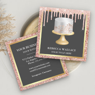 Roze Gouden Glitter Druppels Zilveren Bladeren Cak Vierkante Visitekaartje