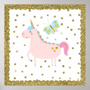 Roze & Gouden Glitter Eenhoorn Meisjes Slaapkamer Poster