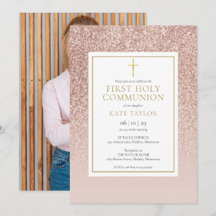 Roze Gouden Glitter Eerste Heilige Communie Foto Kaart