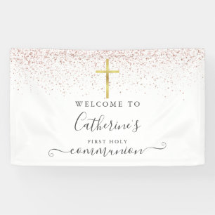 Roze Gouden Glitter Eerste Heilige Communie Welkom Spandoek