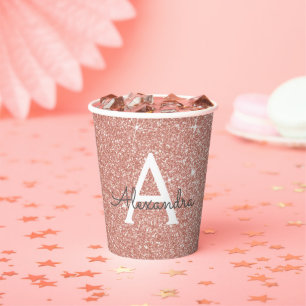 Roze Gouden Glitter en Glans Monogram Papieren Bek Bekers