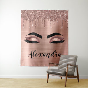 Roze Gouden Glitter Fonkel Wimpers Monogram Naam Wandkleed