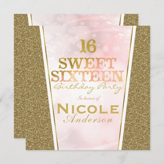 Roze Gouden Glitter Glam Sweet 16 Verjaardagsfeest Kaart (Voorkant / Achterkant)