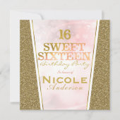 Roze Gouden Glitter Glam Sweet 16 Verjaardagsfeest Kaart (Voorkant)