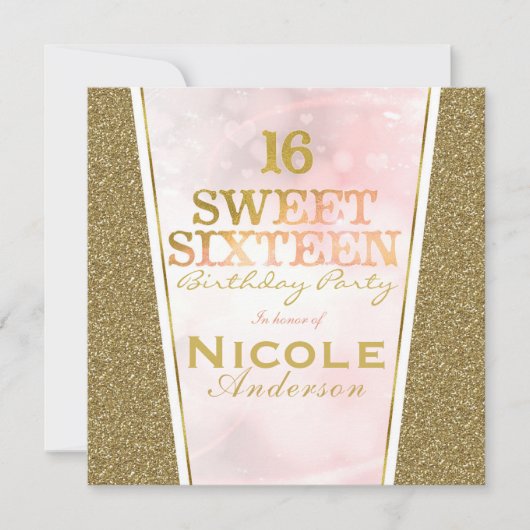 Roze Gouden Glitter Glam Sweet 16 Verjaardagsfeest Kaart (Voorkant)