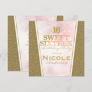 Roze Gouden Glitter Glam Sweet 16 Verjaardagsfeest Kaart