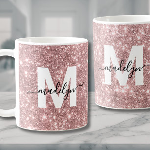 Roze Gouden Glitter Glans Monogram Koffiemok