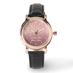 Roze Gouden Glitter Horloge met Aangepaste Tekst N