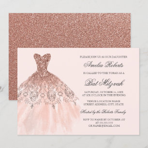 Roze Gouden Glitter Jurk Bat Mitzvah Kaart