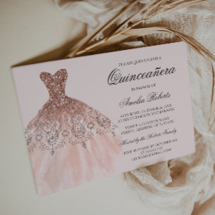 Roze Gouden Glitter Jurk Quinceanera Uitnodiging
