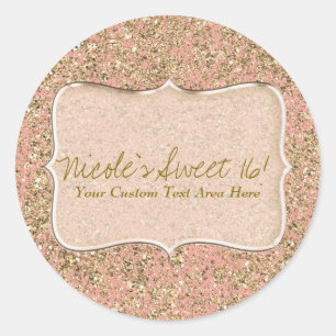 Roze & Gouden Glitter Kristal Glam Verjaardag Favo Ronde Sticker