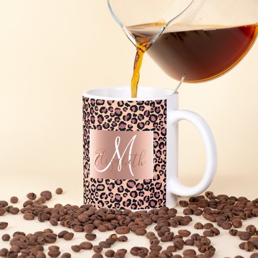 Roze Gouden Glitter Luipaard Monogram Pret Koffiemok