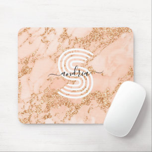Roze Gouden Glitter Marmer, Script Naam Witte Mono Muismat