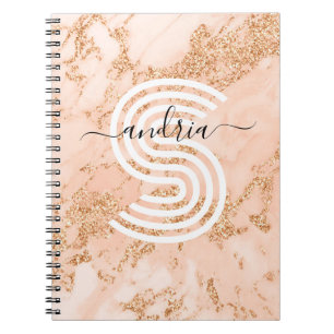 Roze Gouden Glitter Marmer, Script Naam Witte Mono Notitieboek