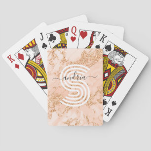 Roze Gouden Glitter Marmer, Script Naam Witte Mono Pokerkaarten