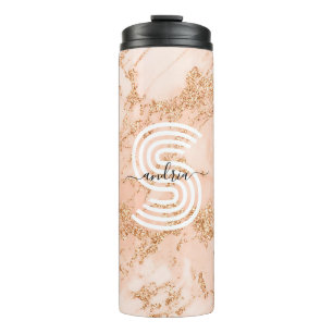 Roze Gouden Glitter Marmer, Script Naam Witte Mono Thermosbeker
