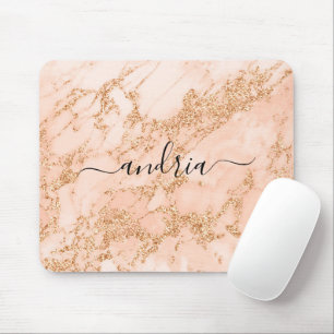 Roze Gouden Glitter Marmer, Zwarte Script Naam Muismat
