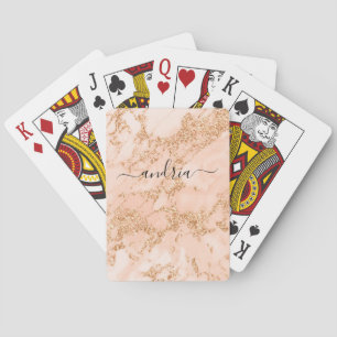 Roze Gouden Glitter Marmer, Zwarte Script Naam Pokerkaarten