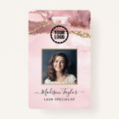 Roze Gouden Glitter Marmeren Agaat Foto Zakelijk L Badge (Voorkant)