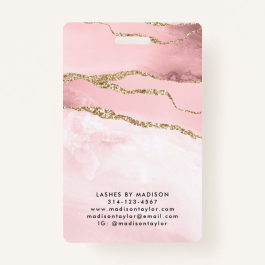 Roze Gouden Glitter Marmeren Agaat Foto Zakelijk L Badge (Achterkant)