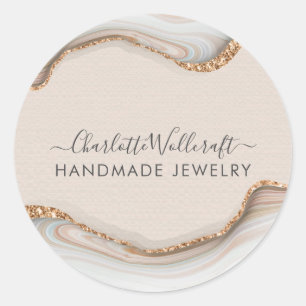 Roze Gouden Glitter Marmeren Agaat Handgemaakte Si Ronde Sticker