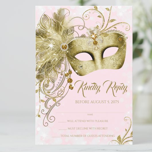 Roze Gouden Glitter Masquerade Party Kaart