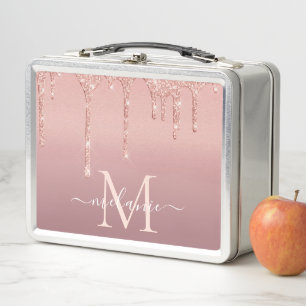 Roze Gouden Glitter Metaal Lunchbox Jouw Naam Lett