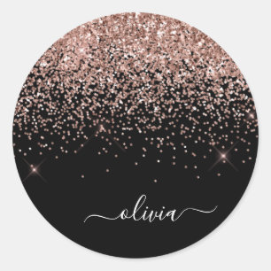 Roze Gouden Glitter Metaal Monogram Glam Naam Ronde Sticker